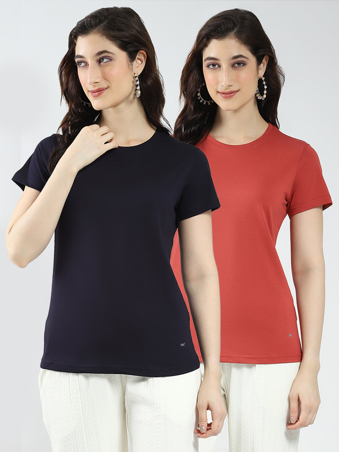Women Navy Blue & Rust Solid Round Neck Half Sleeve Top 2Pc Set