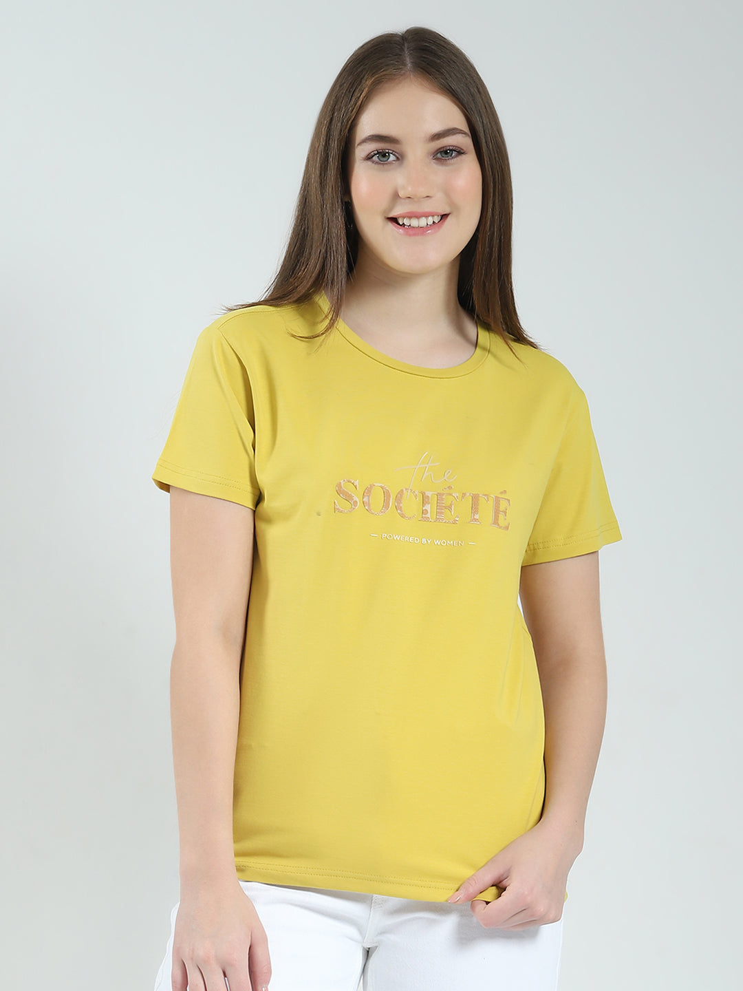 Women Mustard Printed Round Neck Half Sleeve Top