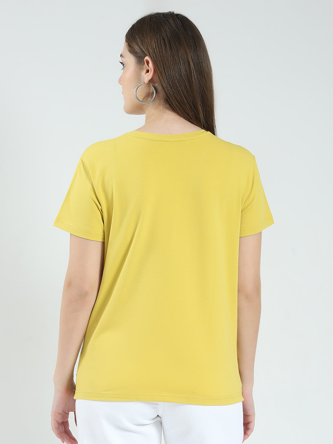 Women Mustard Printed Round Neck Half Sleeve Top