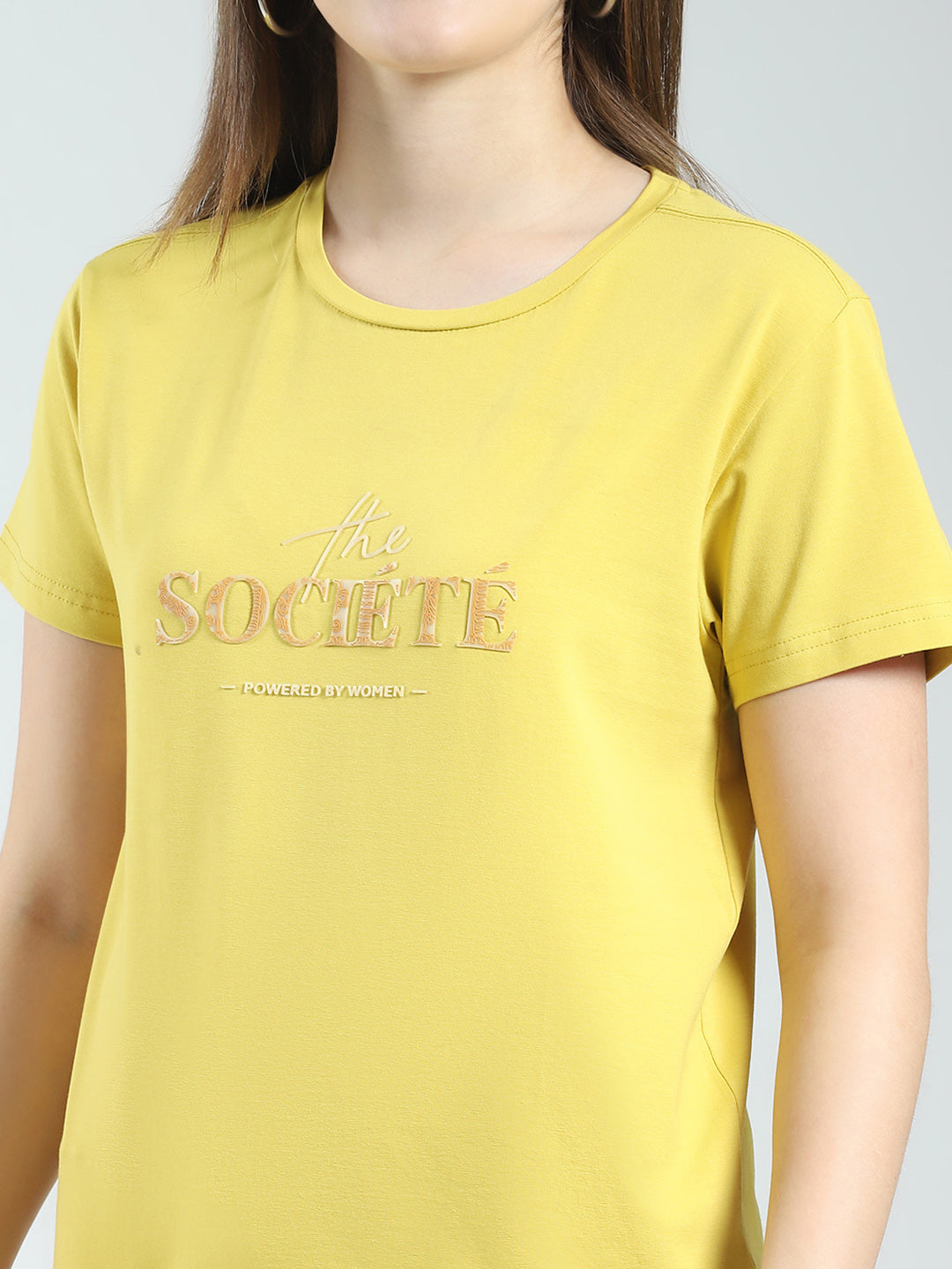 Women Mustard Printed Round Neck Half Sleeve Top