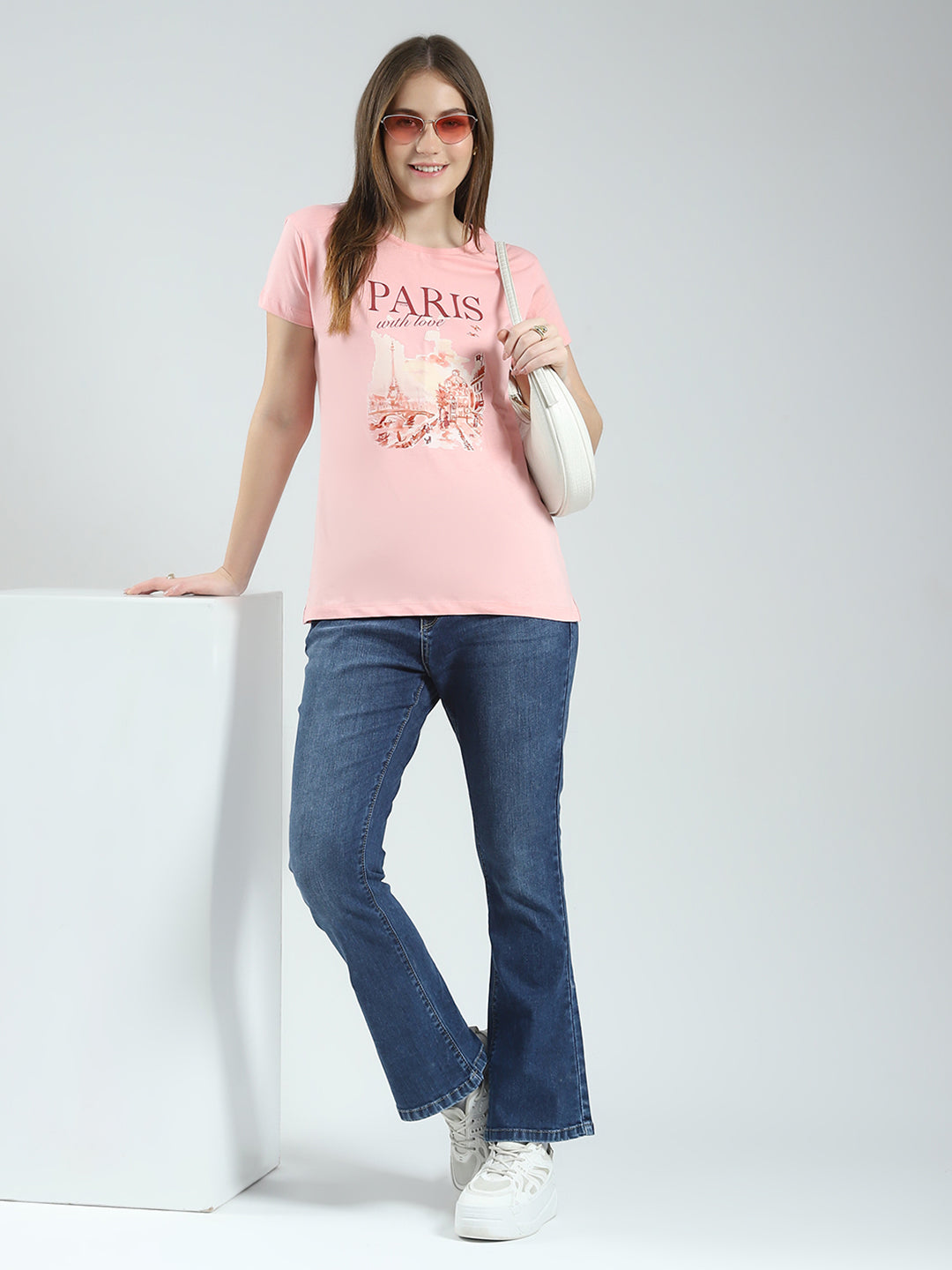 Women Navy Blue & Peach Printed Round Neck Half Sleeve Top (Pack of 2)