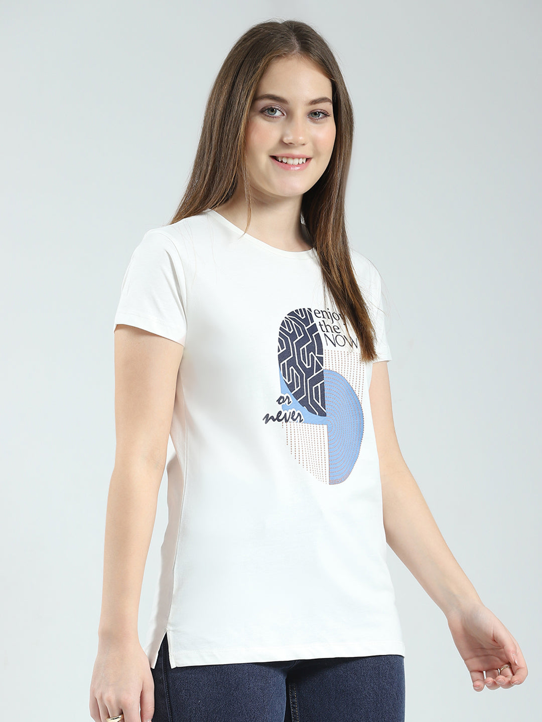 Women Off White & Blue Printed Round Neck Half Sleeve Top (Pack of 2)