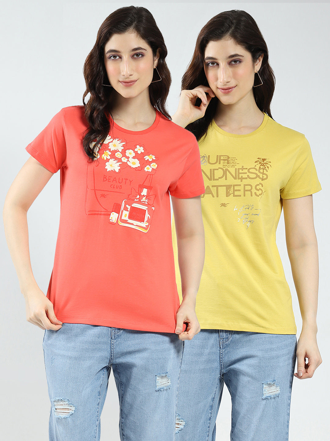 Women Coral & Mustard Printed Round Neck Half Sleeve Top 2Pc Set