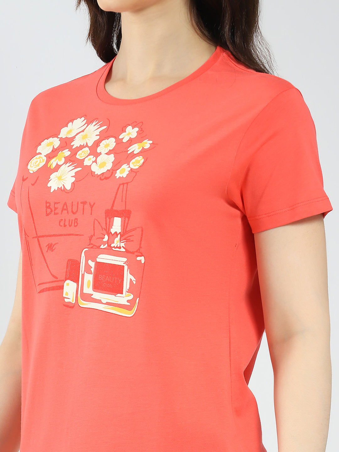 Women Coral & Mustard Printed Round Neck Half Sleeve Top 2Pc Set