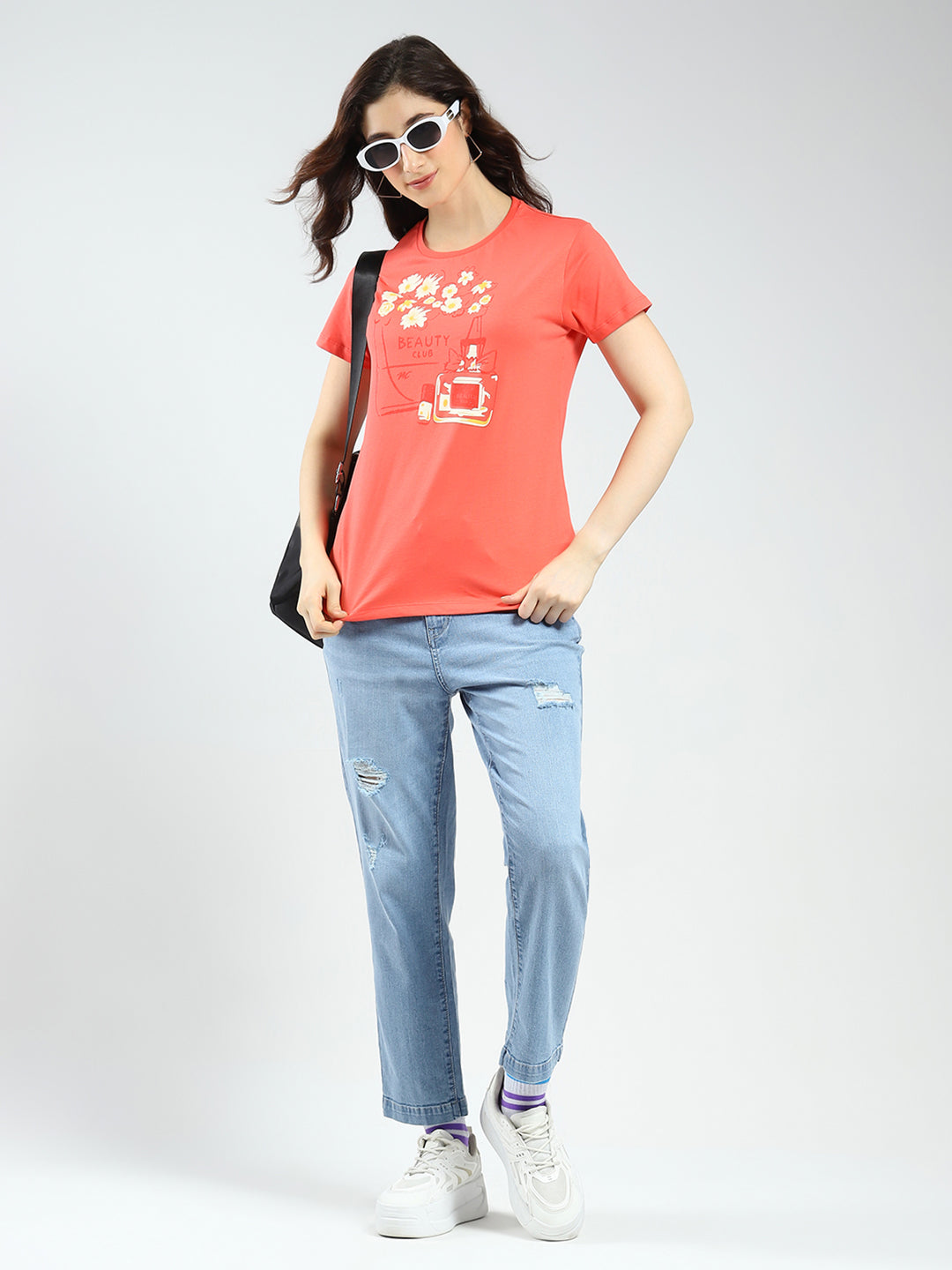 Women Coral & Mustard Printed Round Neck Half Sleeve Top 2Pc Set