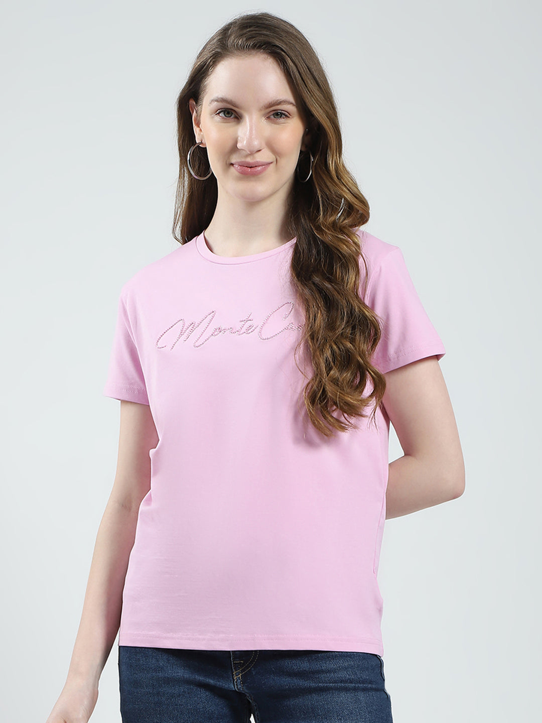 Women Pink Solid Round Neck Half Sleeve Top