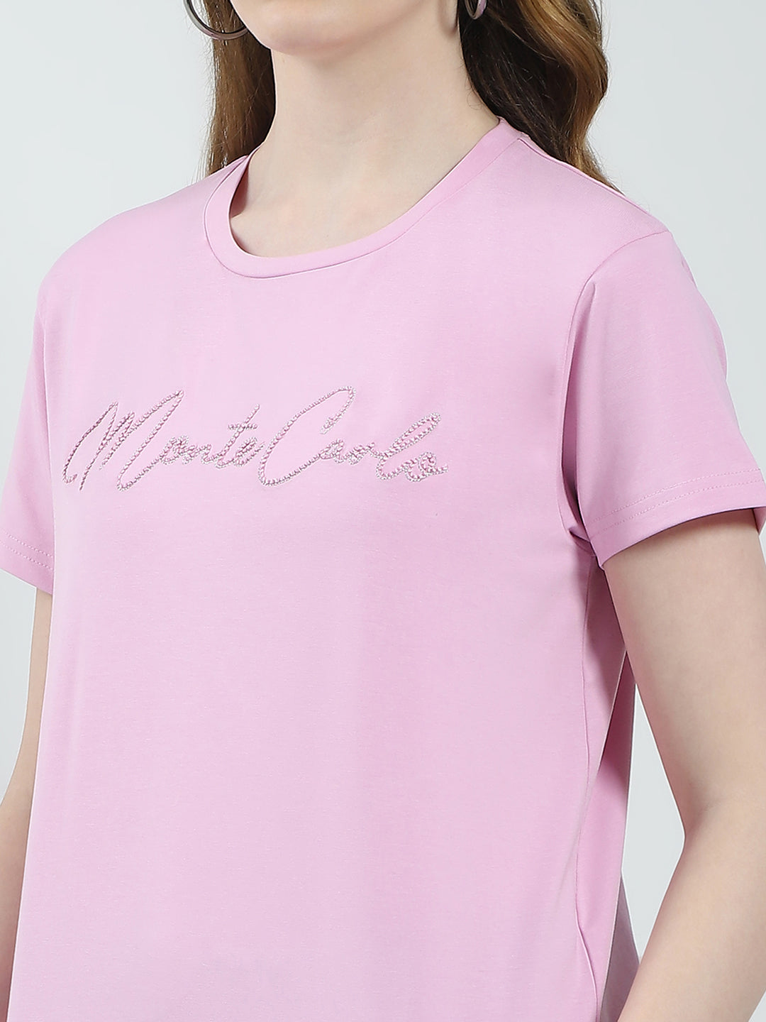 Women Pink Solid Round Neck Half Sleeve Top
