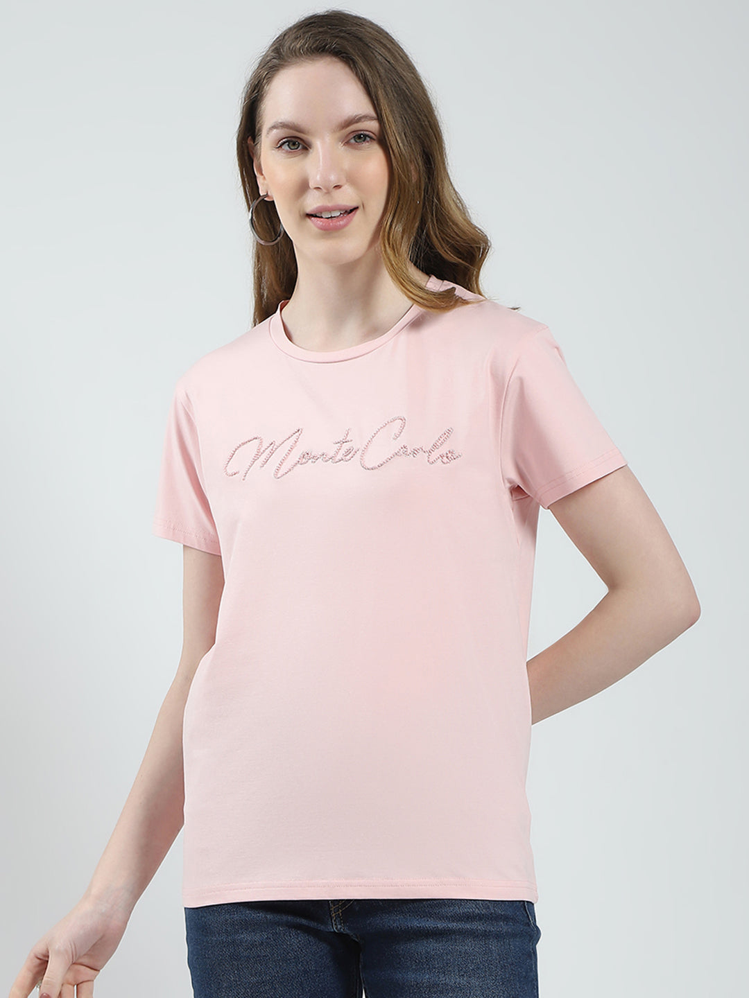 Women Peach Solid Round Neck Half Sleeve Top