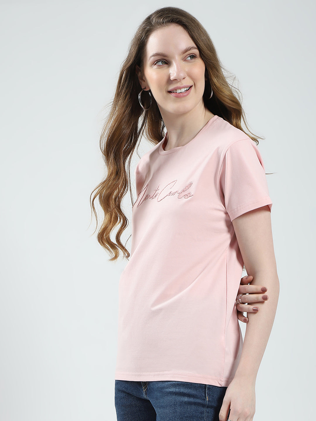 Women Peach Solid Round Neck Half Sleeve Top