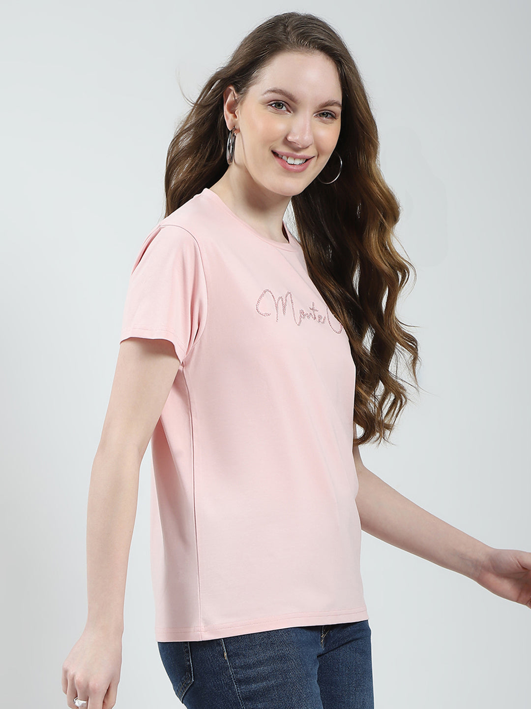 Women Peach Solid Round Neck Half Sleeve Top