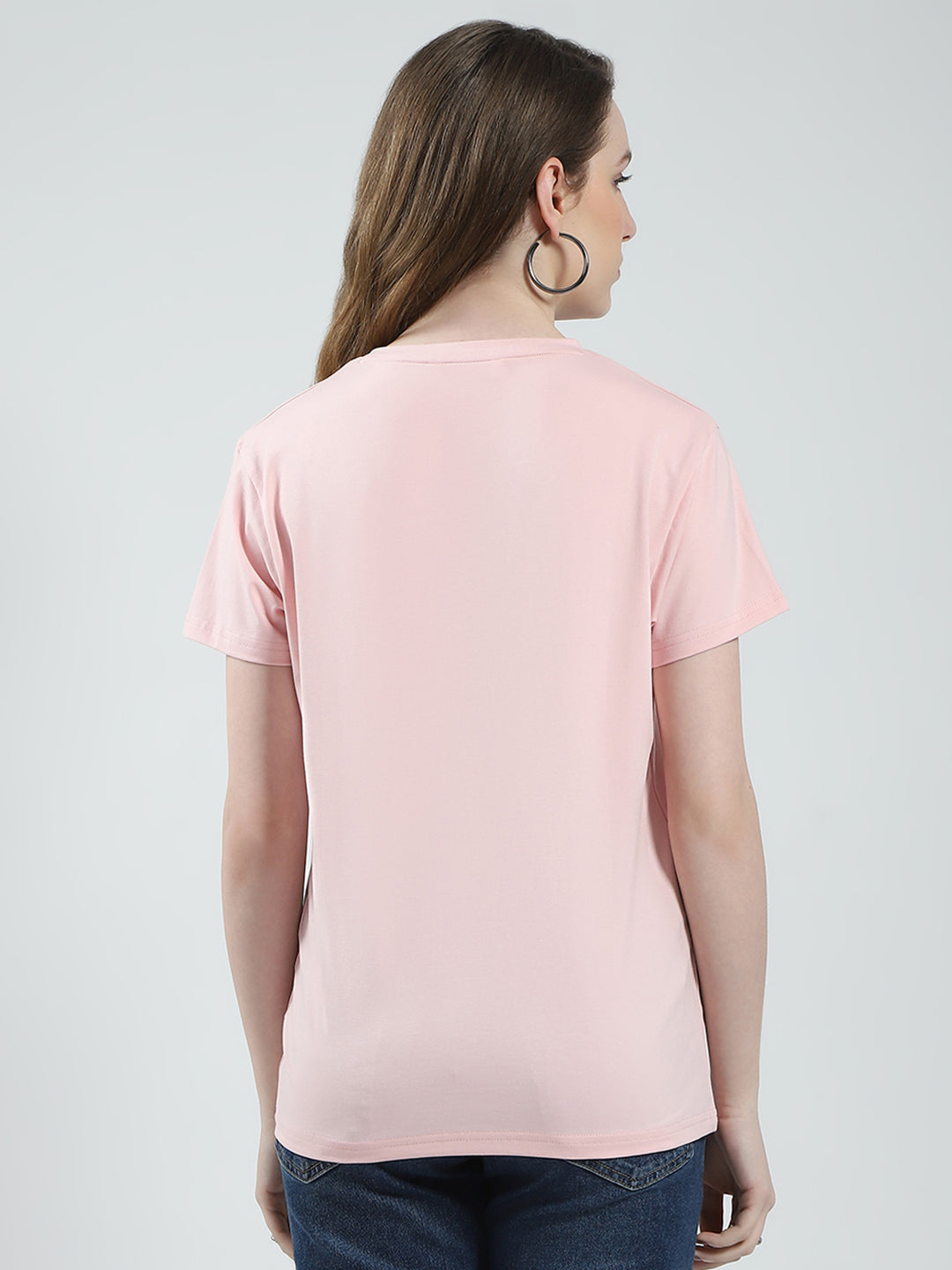 Women Peach Solid Round Neck Half Sleeve Top