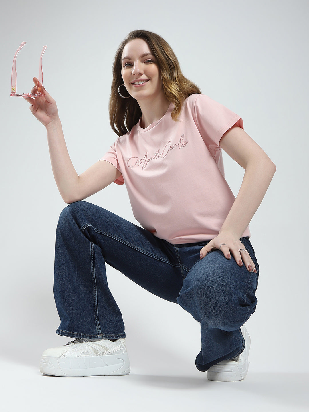 Women Peach Solid Round Neck Half Sleeve Top