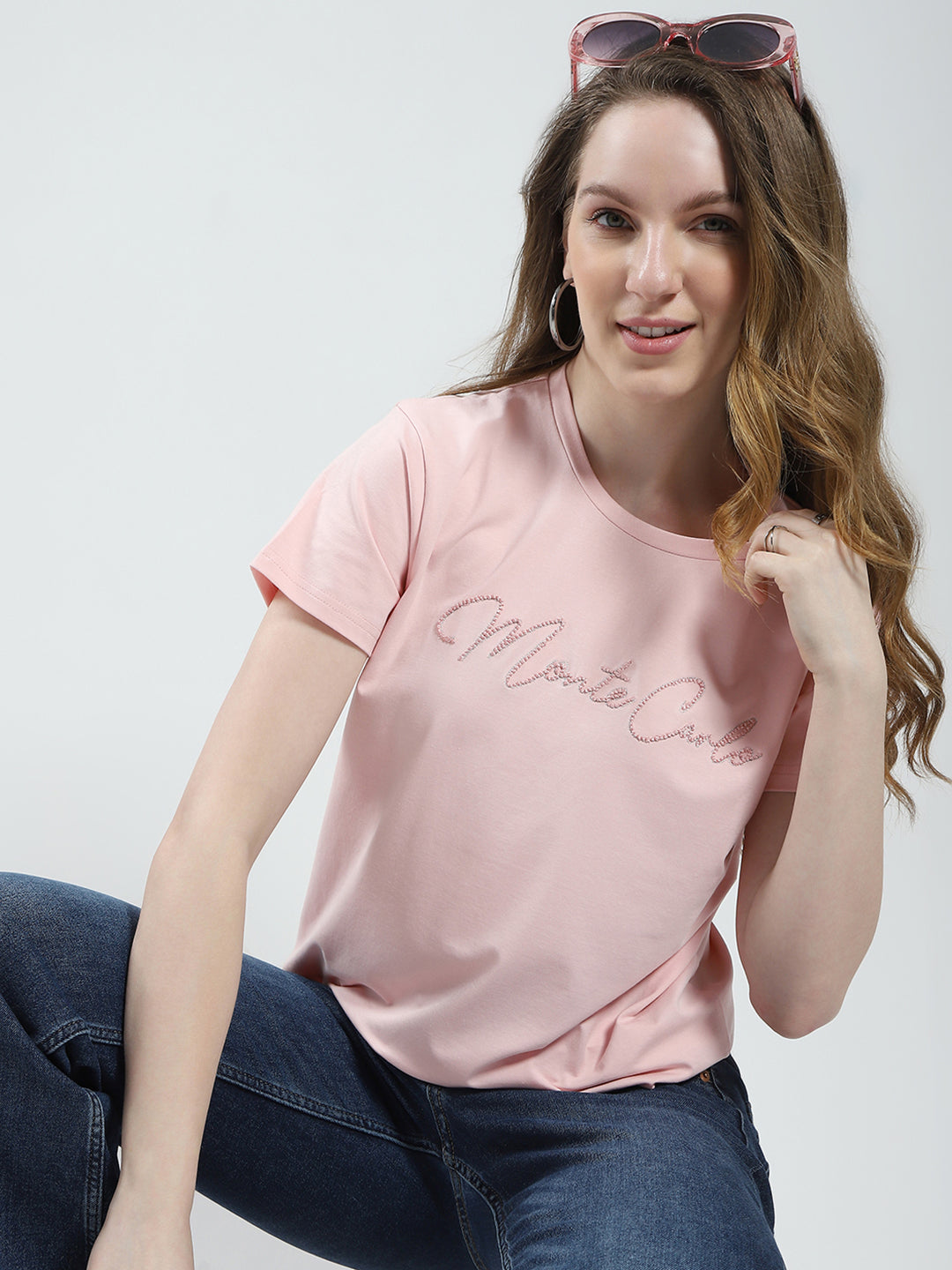 Women Peach Solid Round Neck Half Sleeve Top