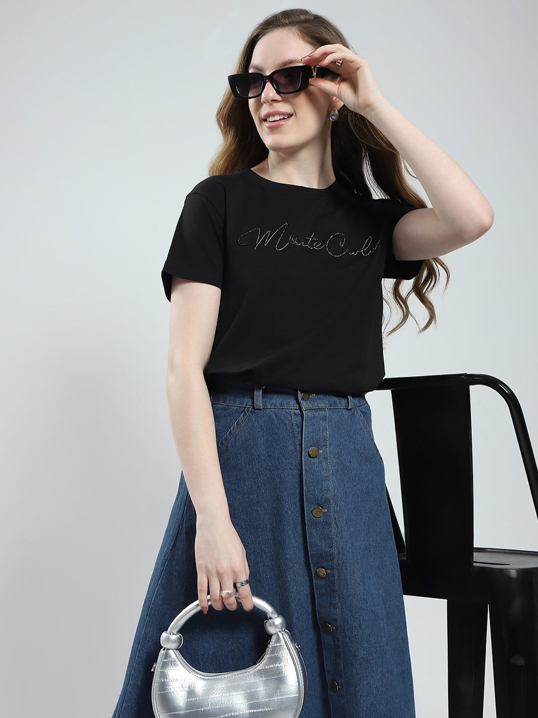 Women Black Solid Round Neck Half Sleeve Top