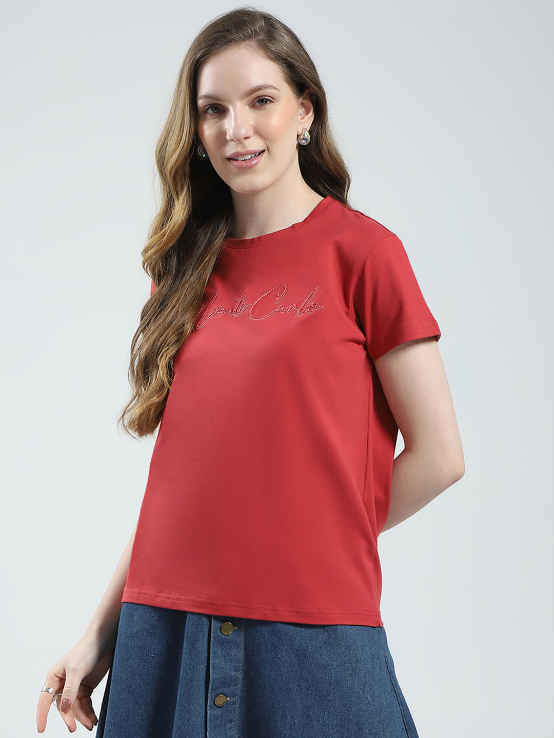 Women Rust Solid Round Neck Half Sleeve Top