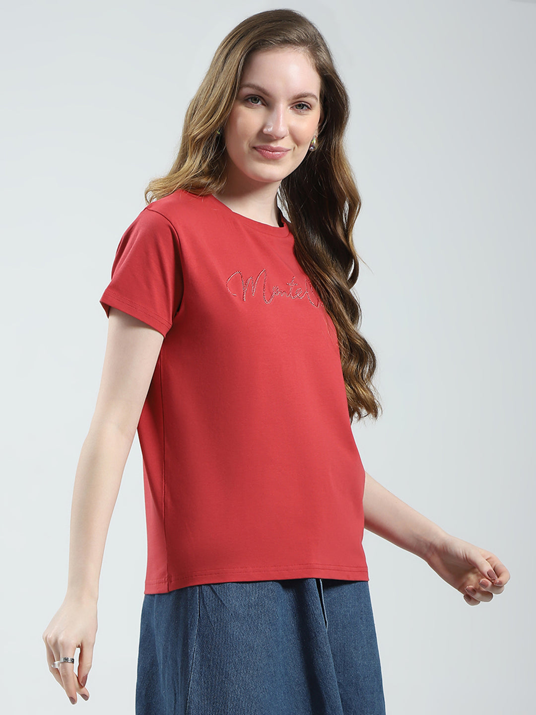 Women Rust Solid Round Neck Half Sleeve Top