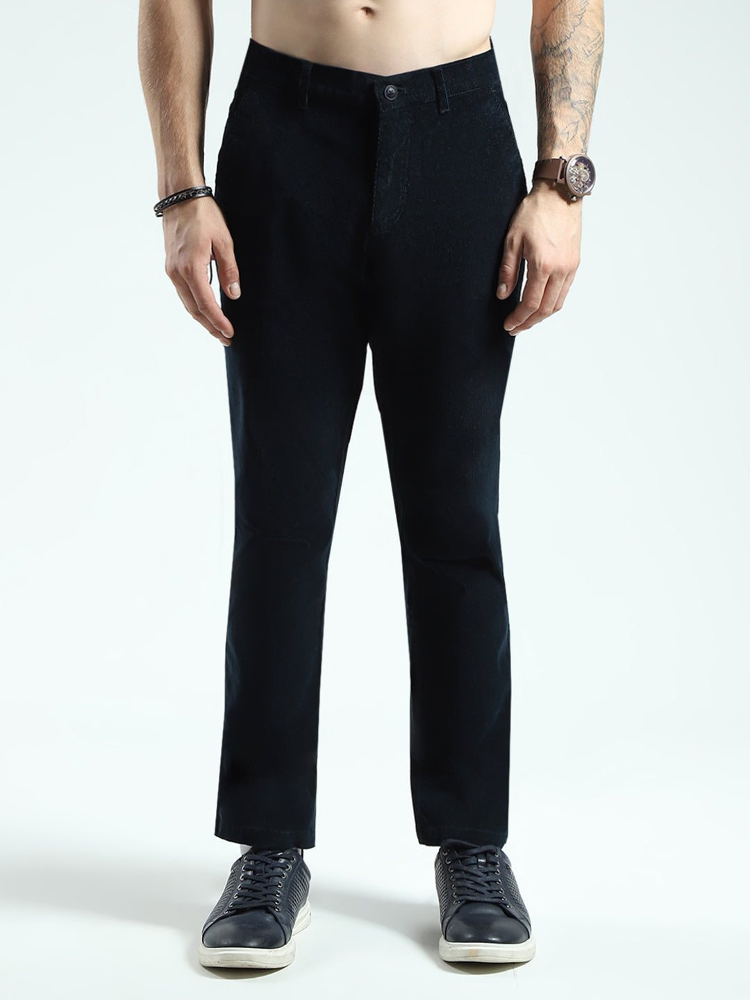 Men Navy Blue Solid Regular Fit Trouser