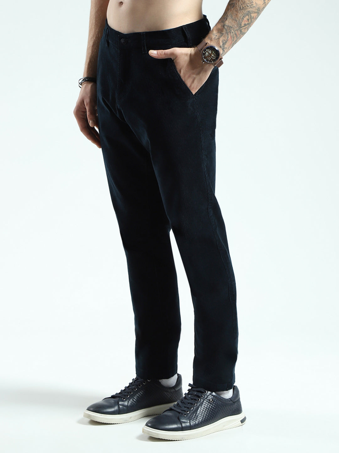 Men Navy Blue Solid Regular Fit Trouser