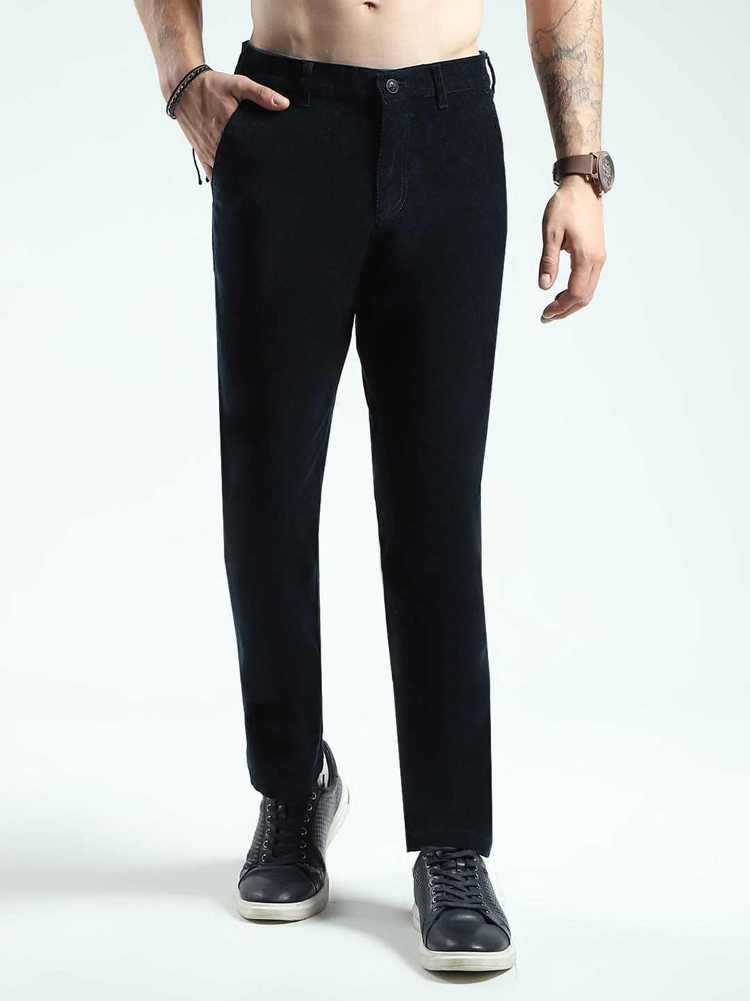 Men Navy Blue Solid Regular Fit Trouser