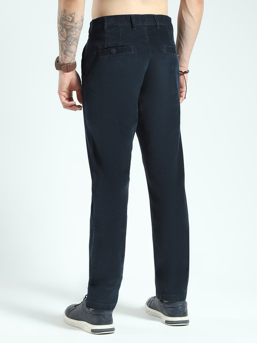 Men Navy Blue Solid Regular Fit Trouser