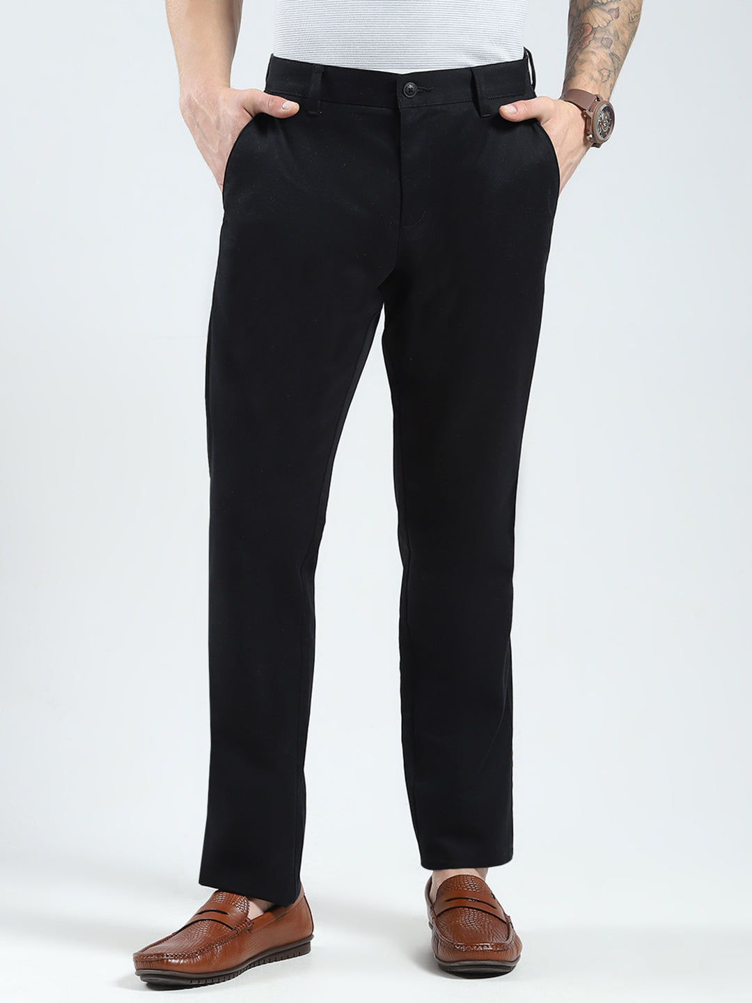 Men Black Solid Regular Fit Trouser