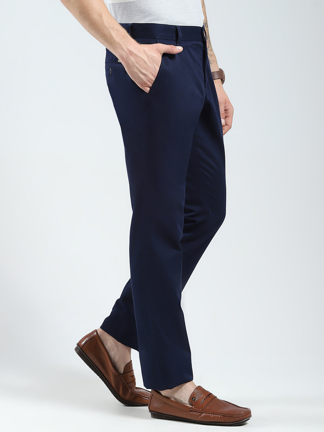 Men Navy Blue Solid Regular Fit Trouser