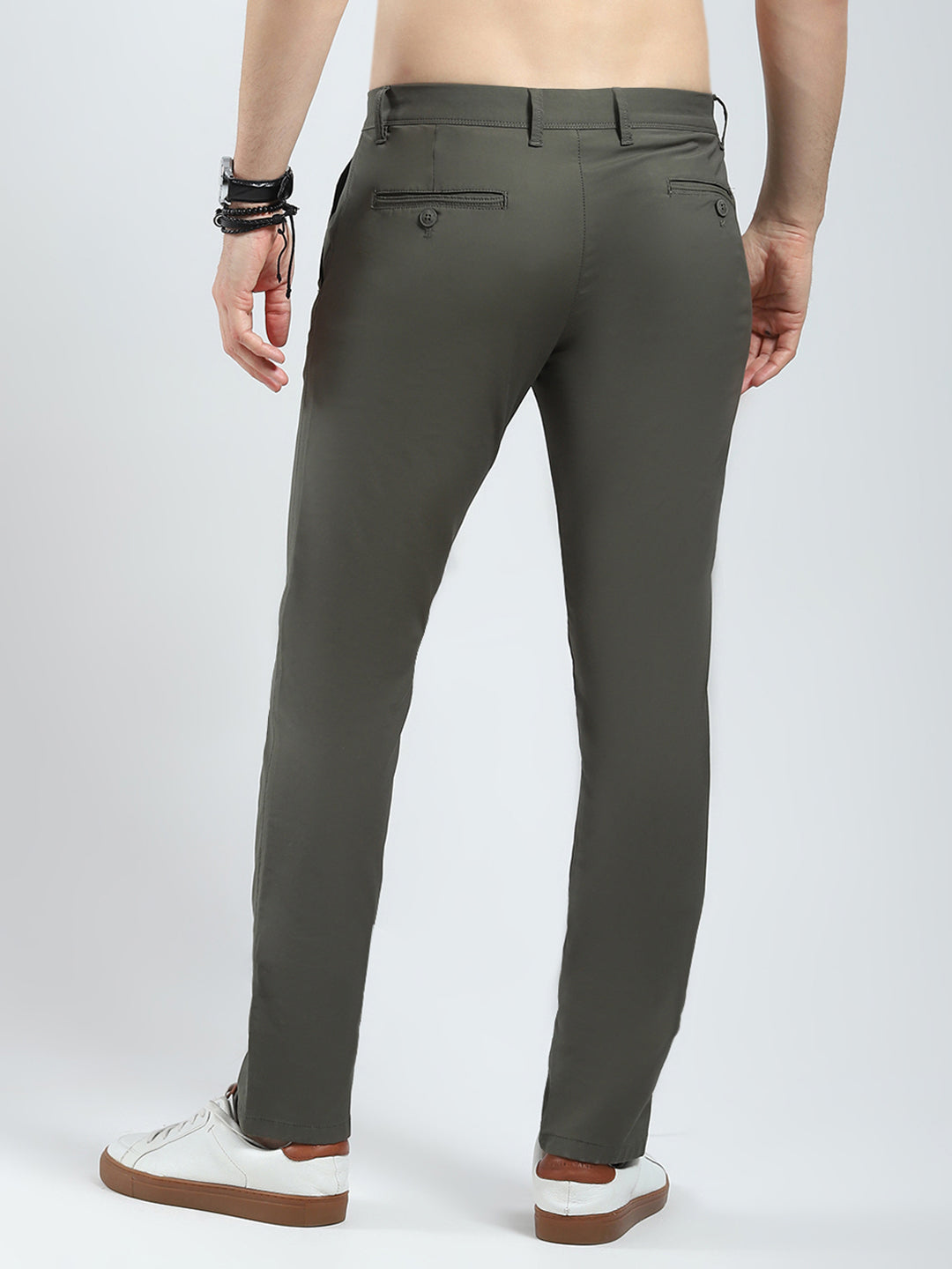 Men Olive Solid Slim Fit Trouser