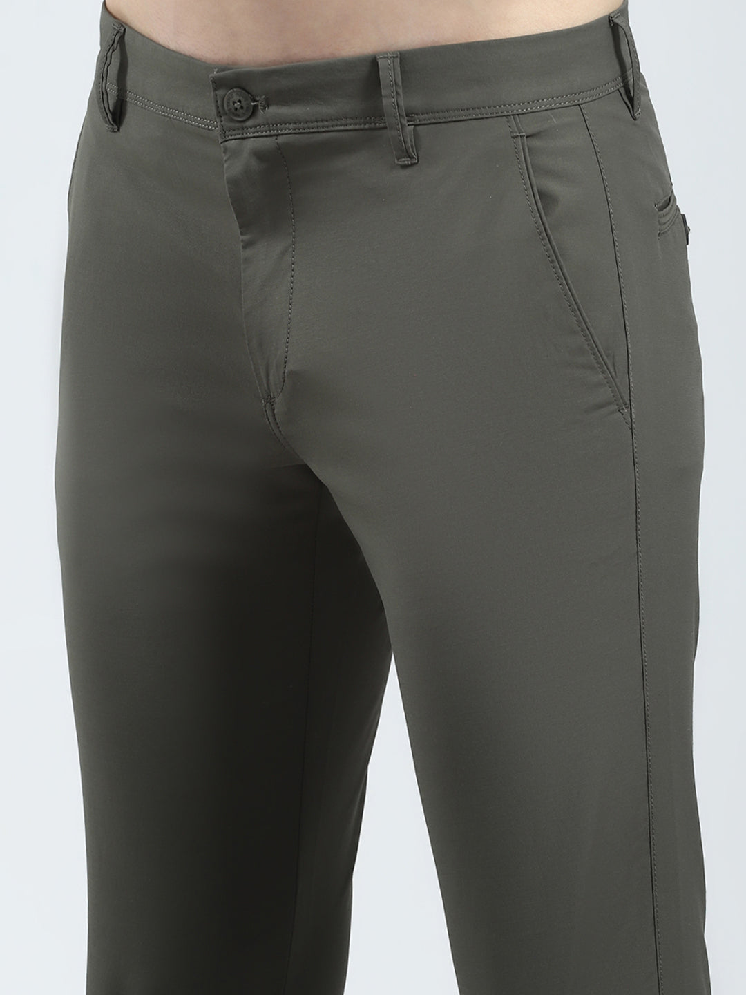 Men Olive Solid Slim Fit Trouser