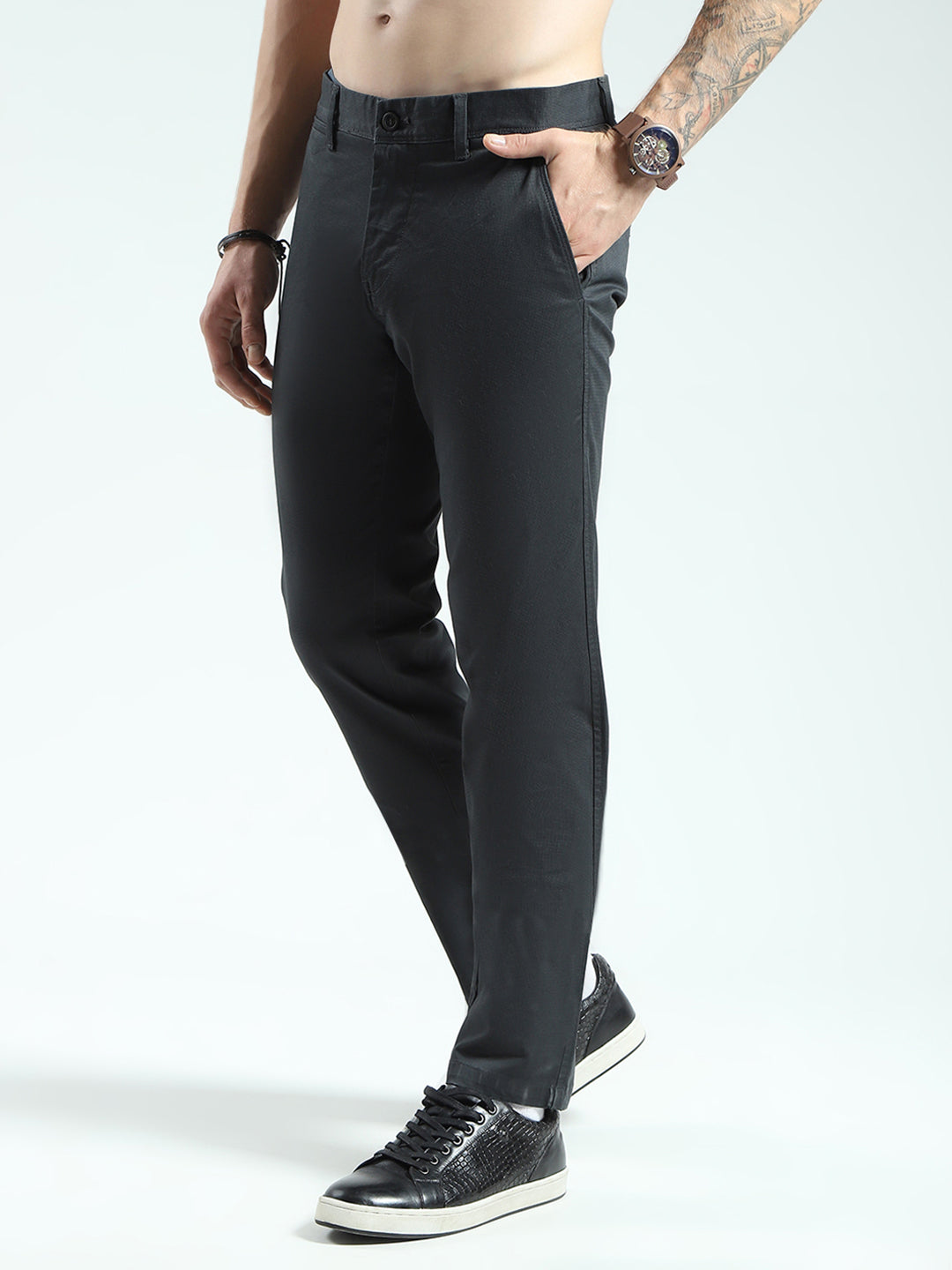 Men Grey Solid Slim Fit Trouser