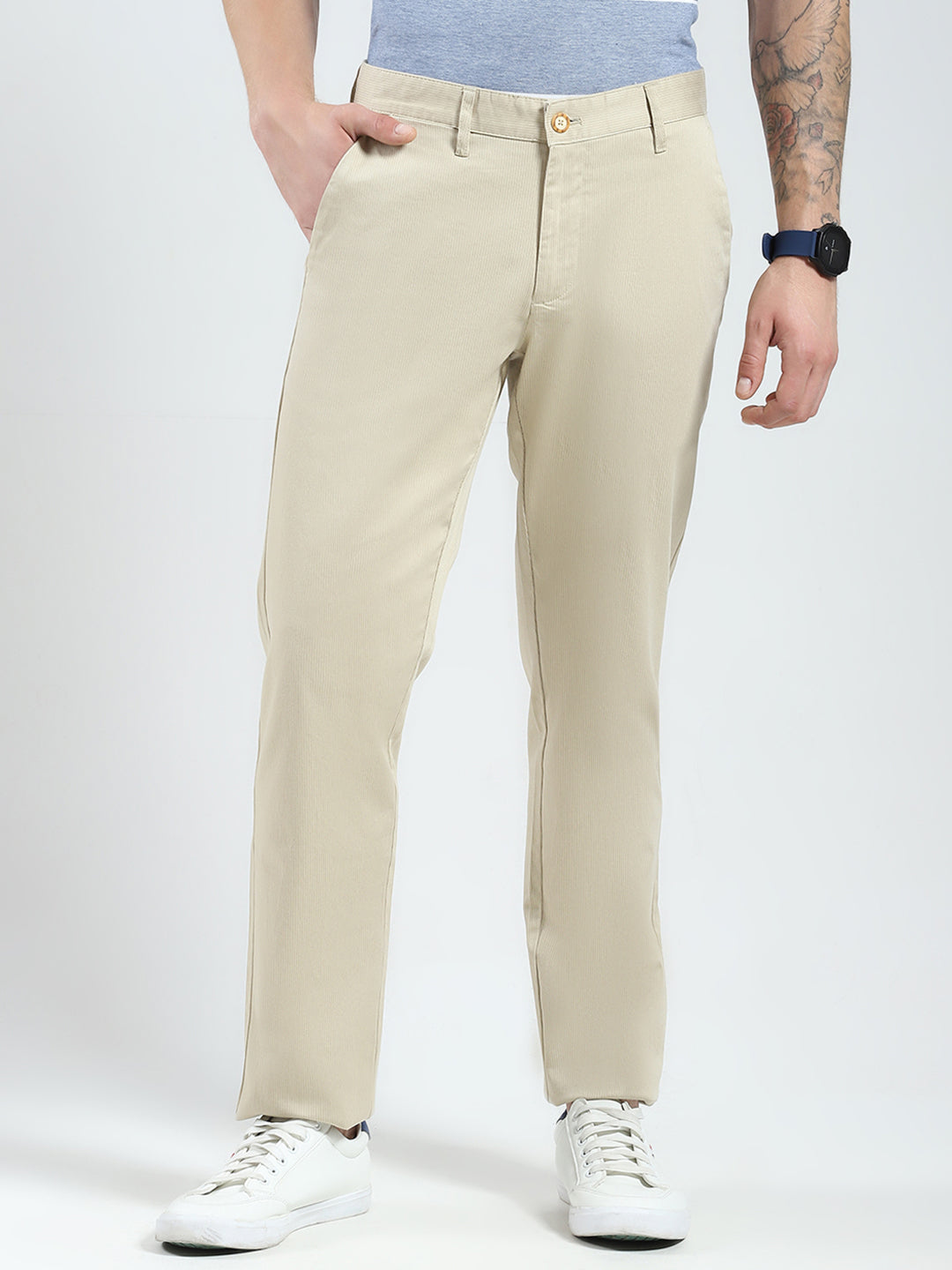 Men Beige Solid Slim Fit Trouser