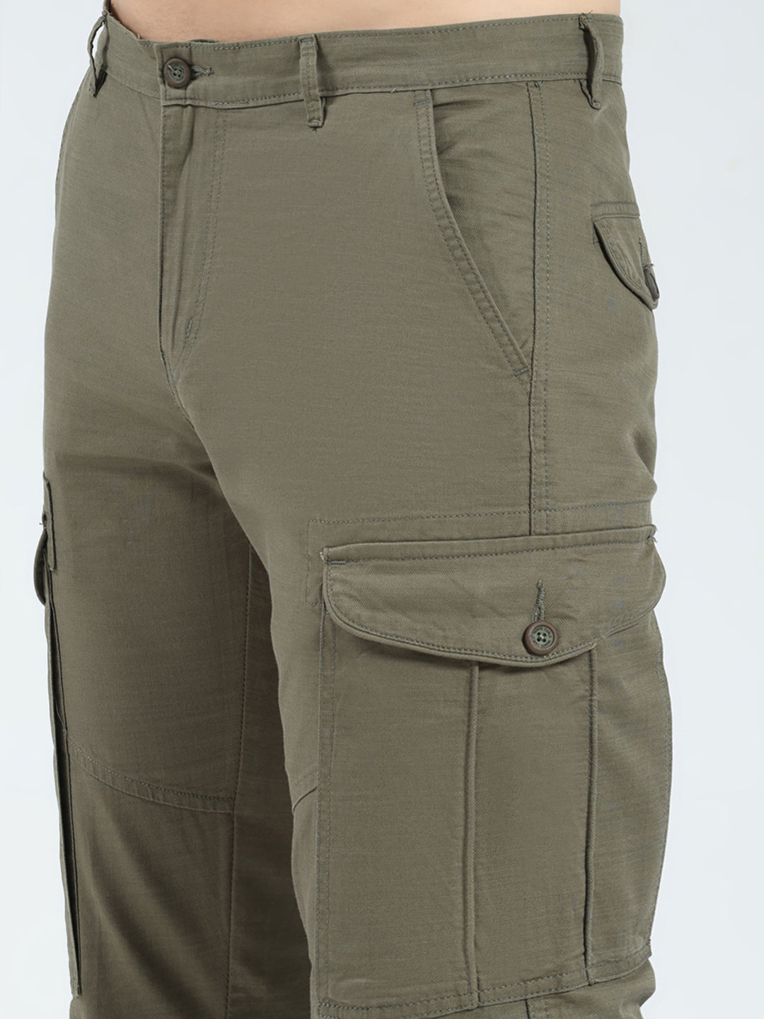Men Olive Solid Slim Fit Cargo