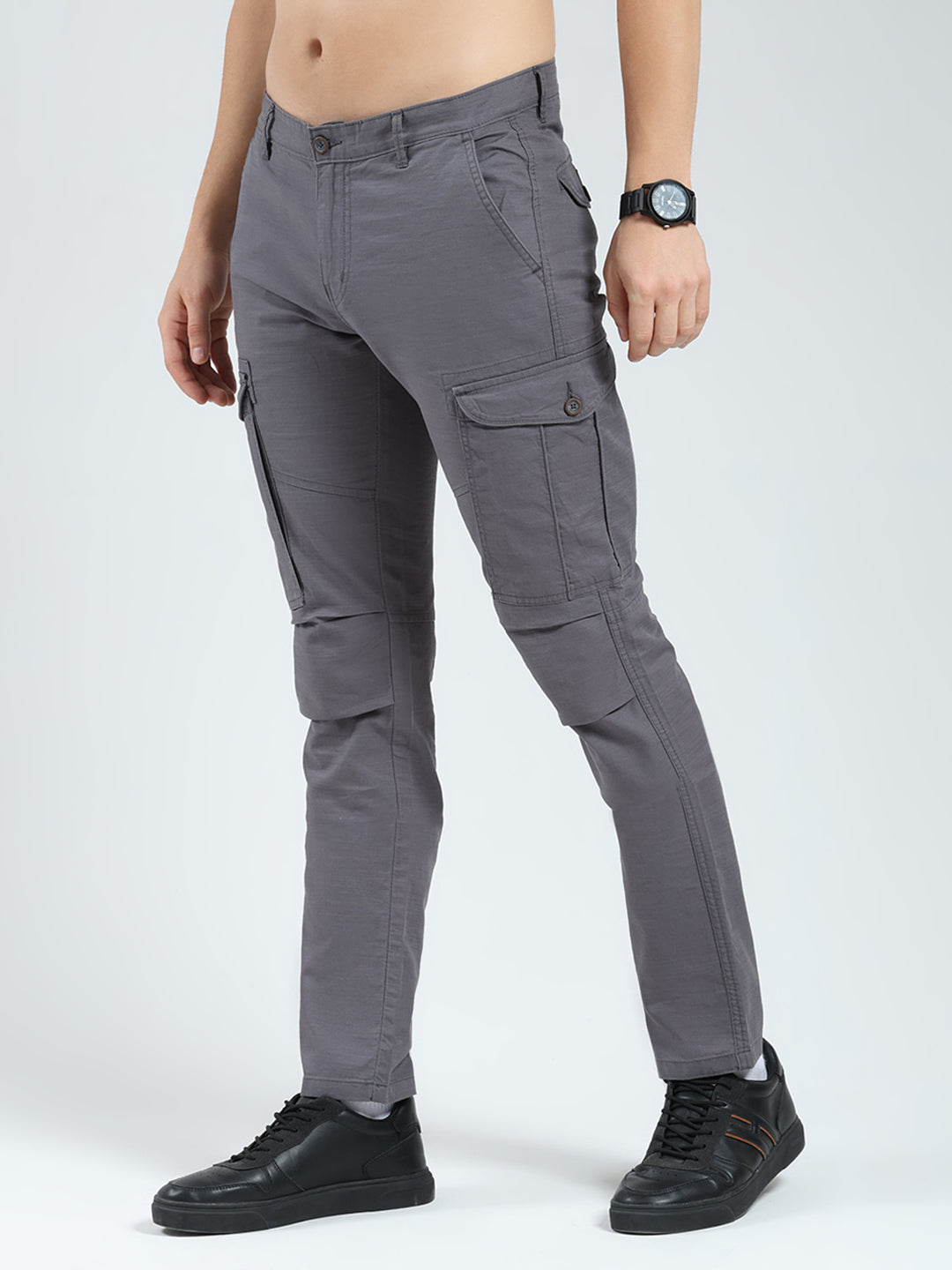 Men Grey Solid Slim Fit Cargo
