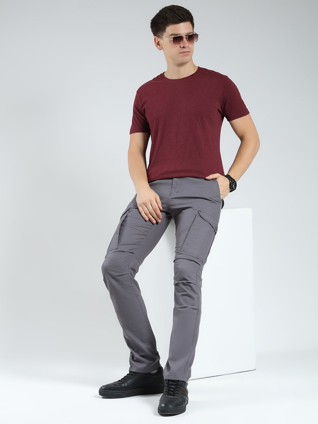Men Grey Solid Slim Fit Cargo