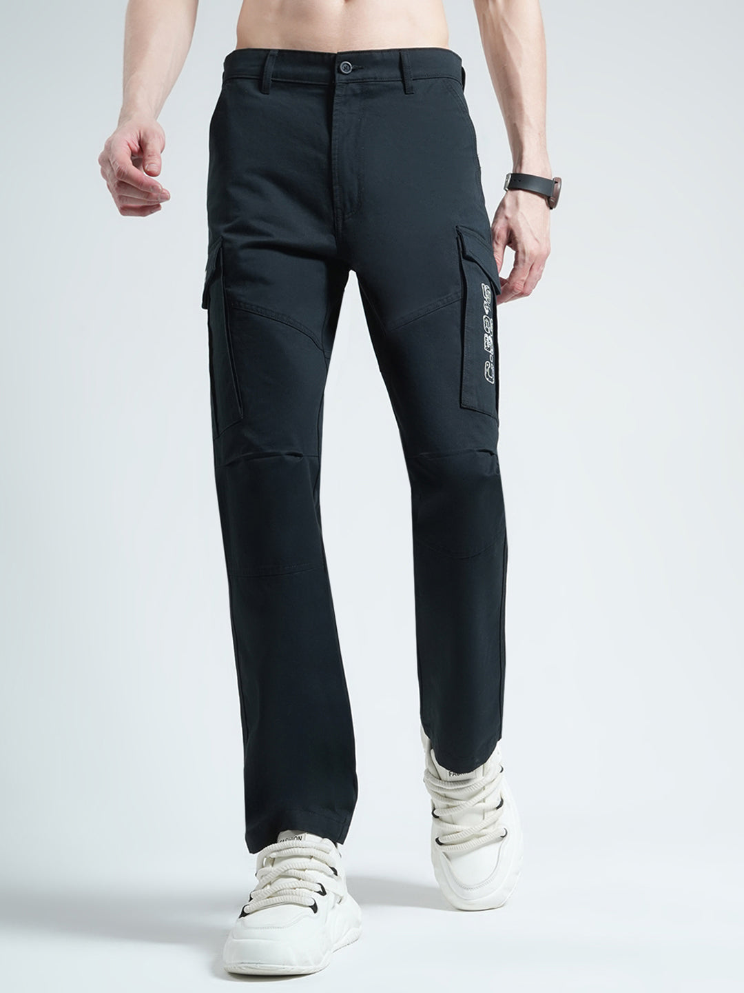 Men Navy Blue Solid Slim Fit Cargo