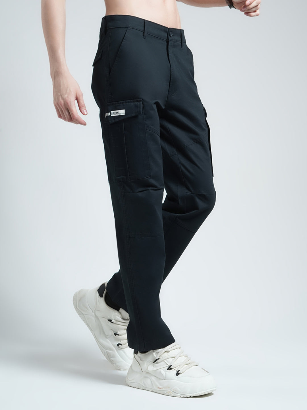 Men Navy Blue Solid Slim Fit Cargo