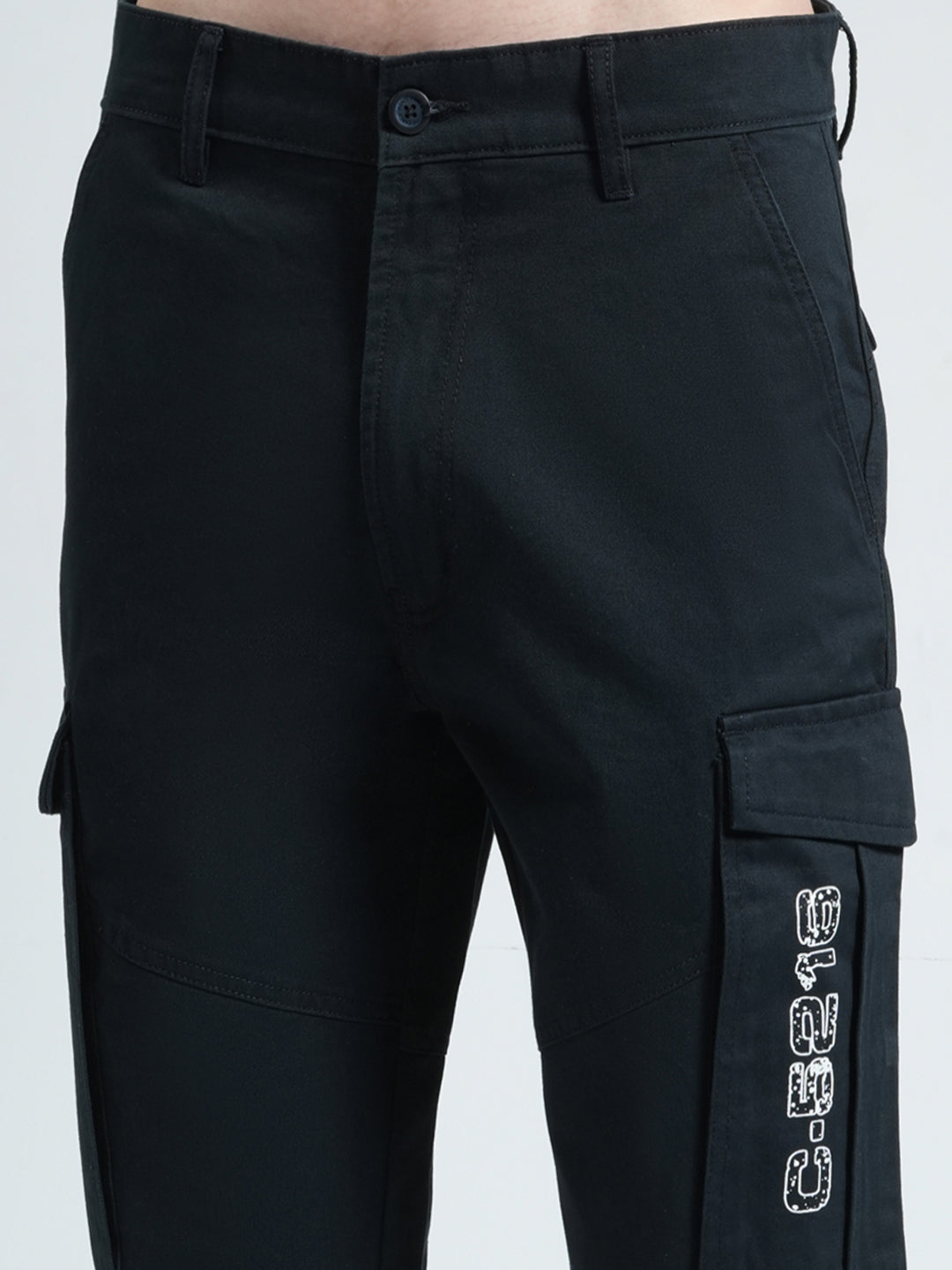 Men Navy Blue Solid Slim Fit Cargo