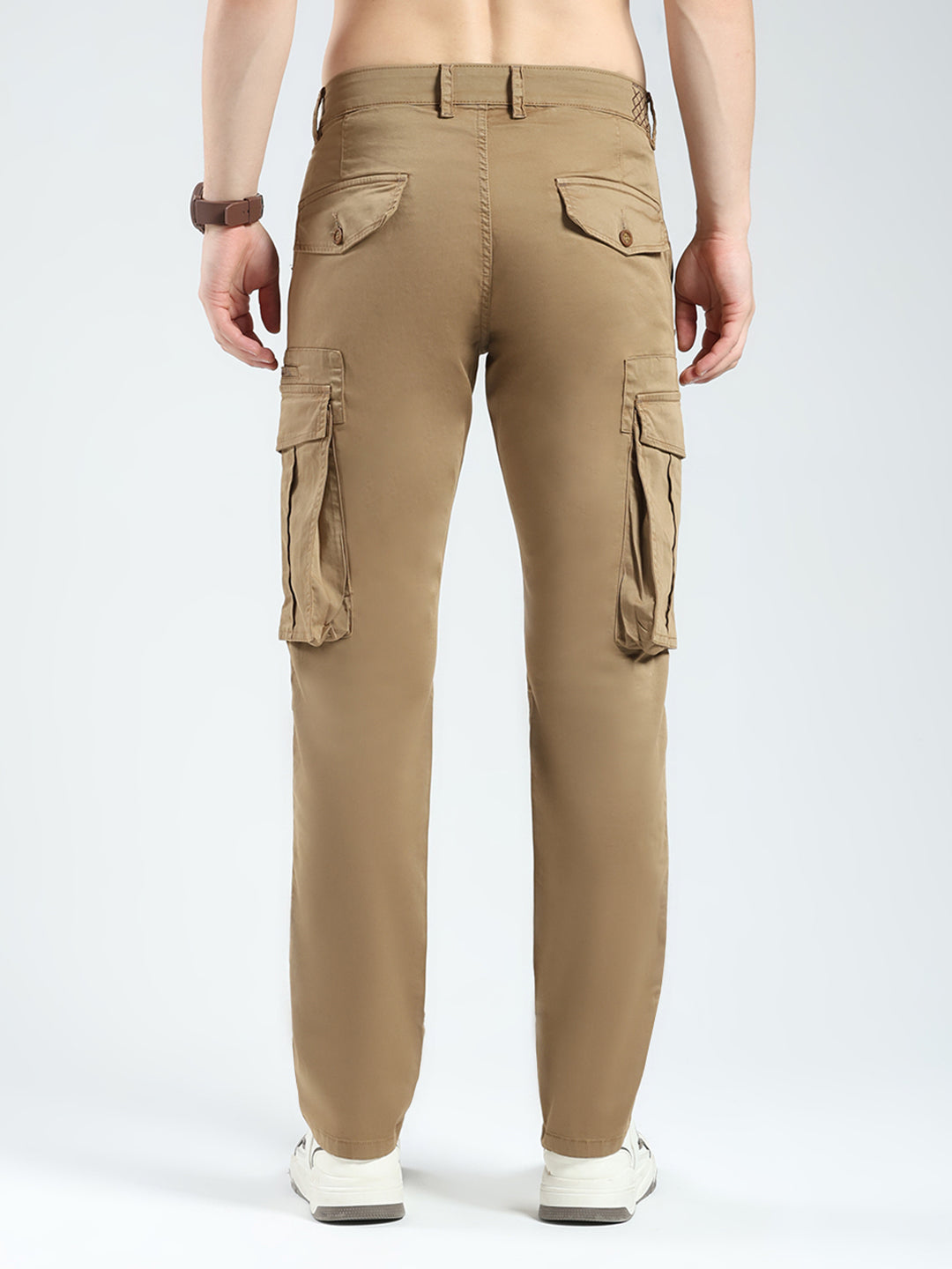 Men Khaki Solid Slim Fit Cargo