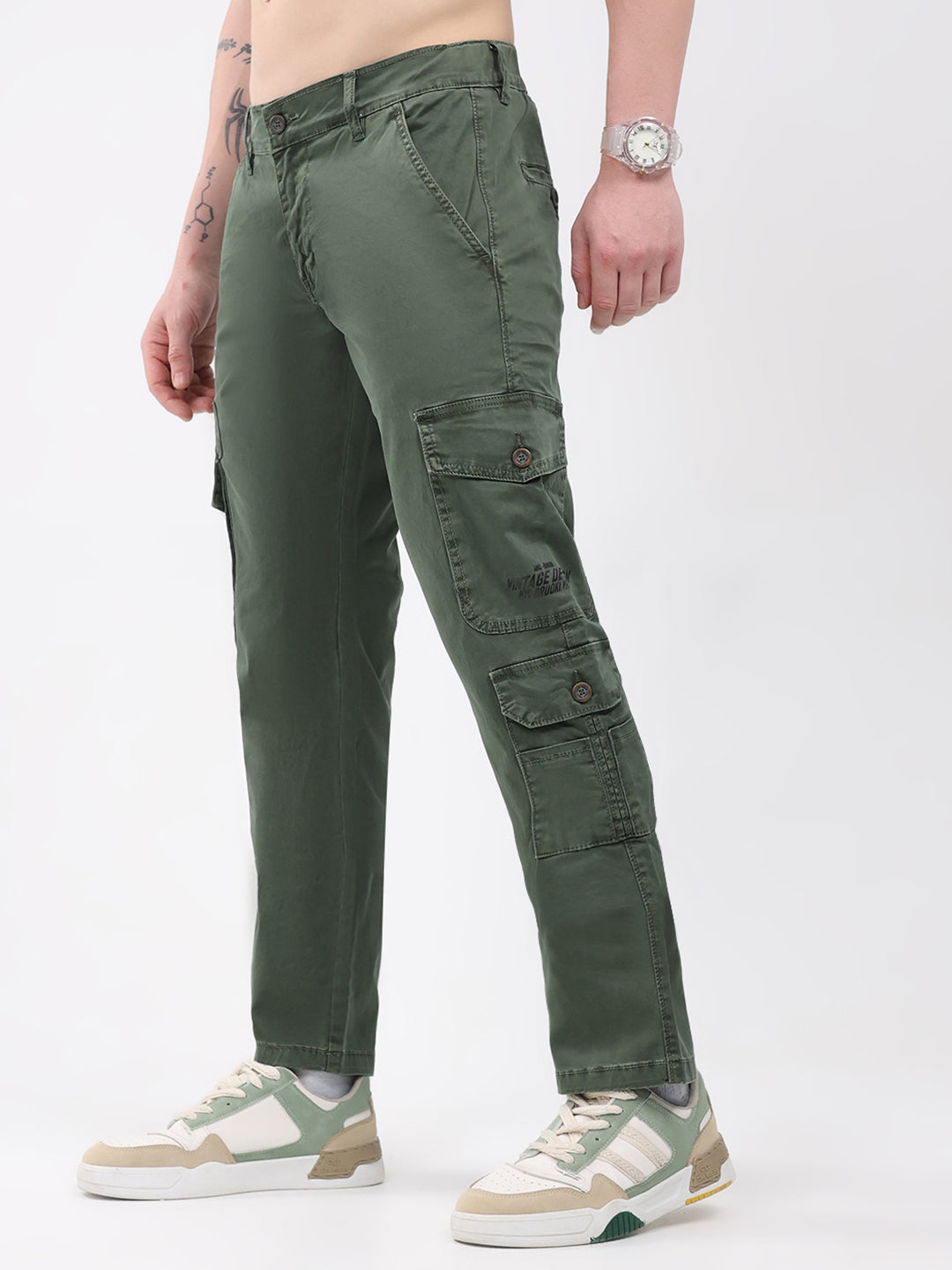 Men Olive Self Design Regular Fit Trouser