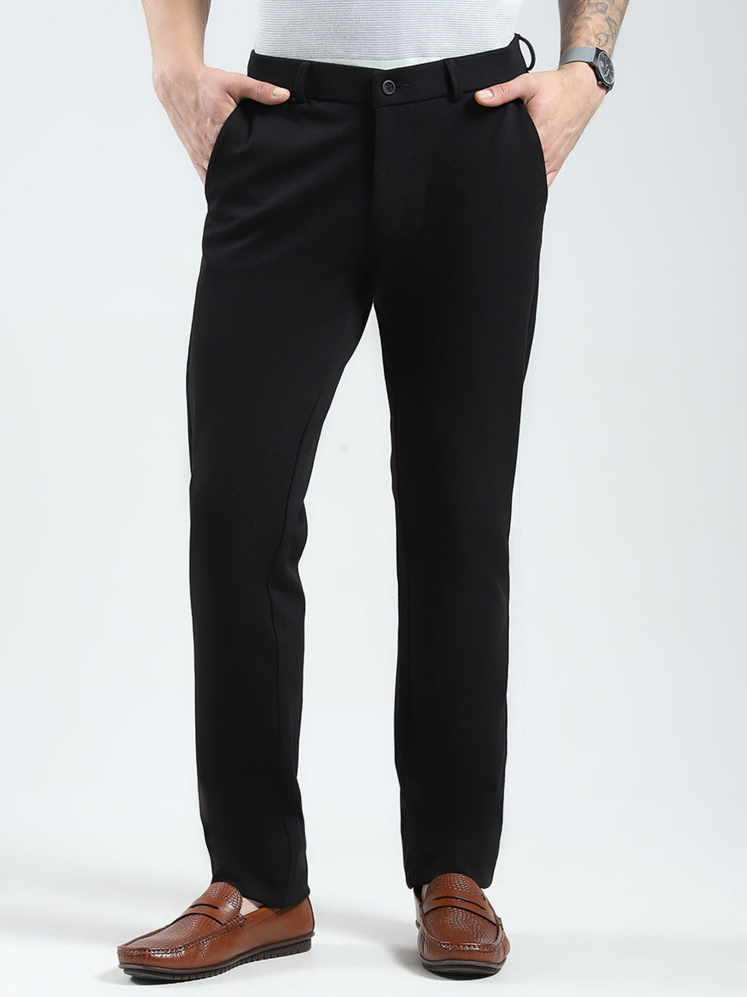Men Black Solid Slim Fit Trouser