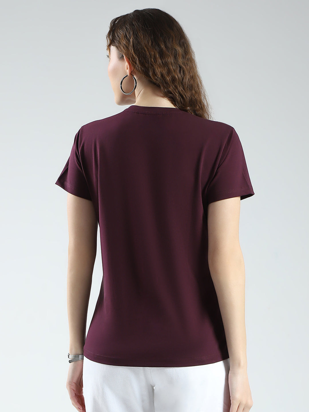 Women Maroon Printed Round Neck Half Sleeve Top