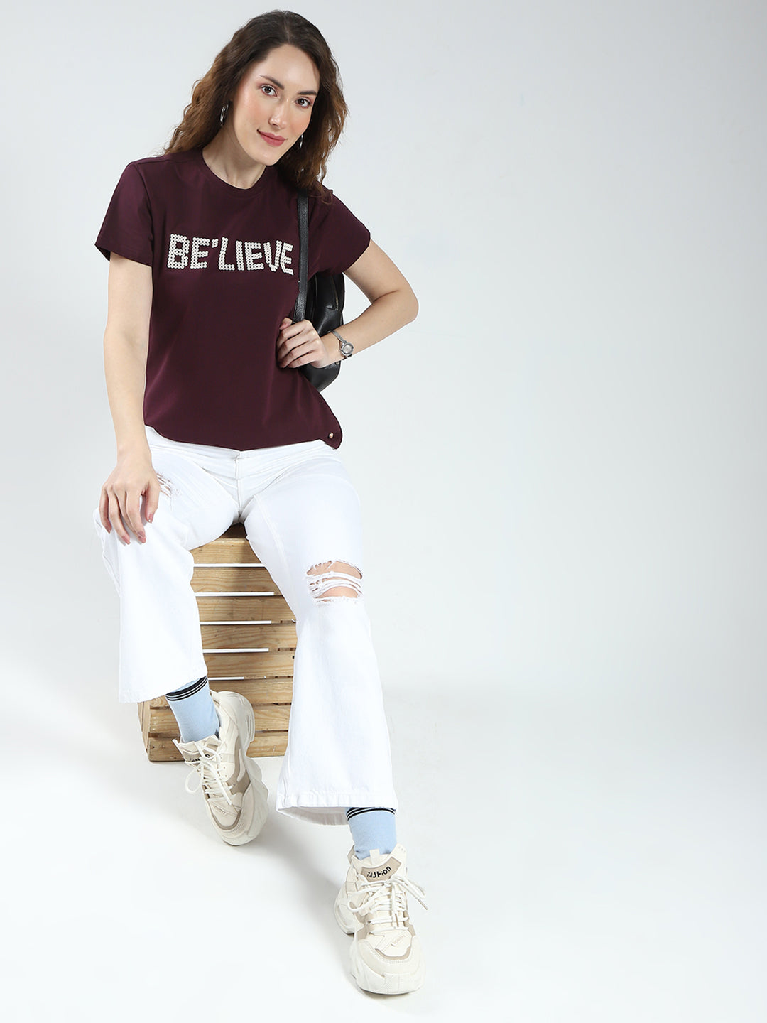 Women Maroon Printed Round Neck Half Sleeve Top