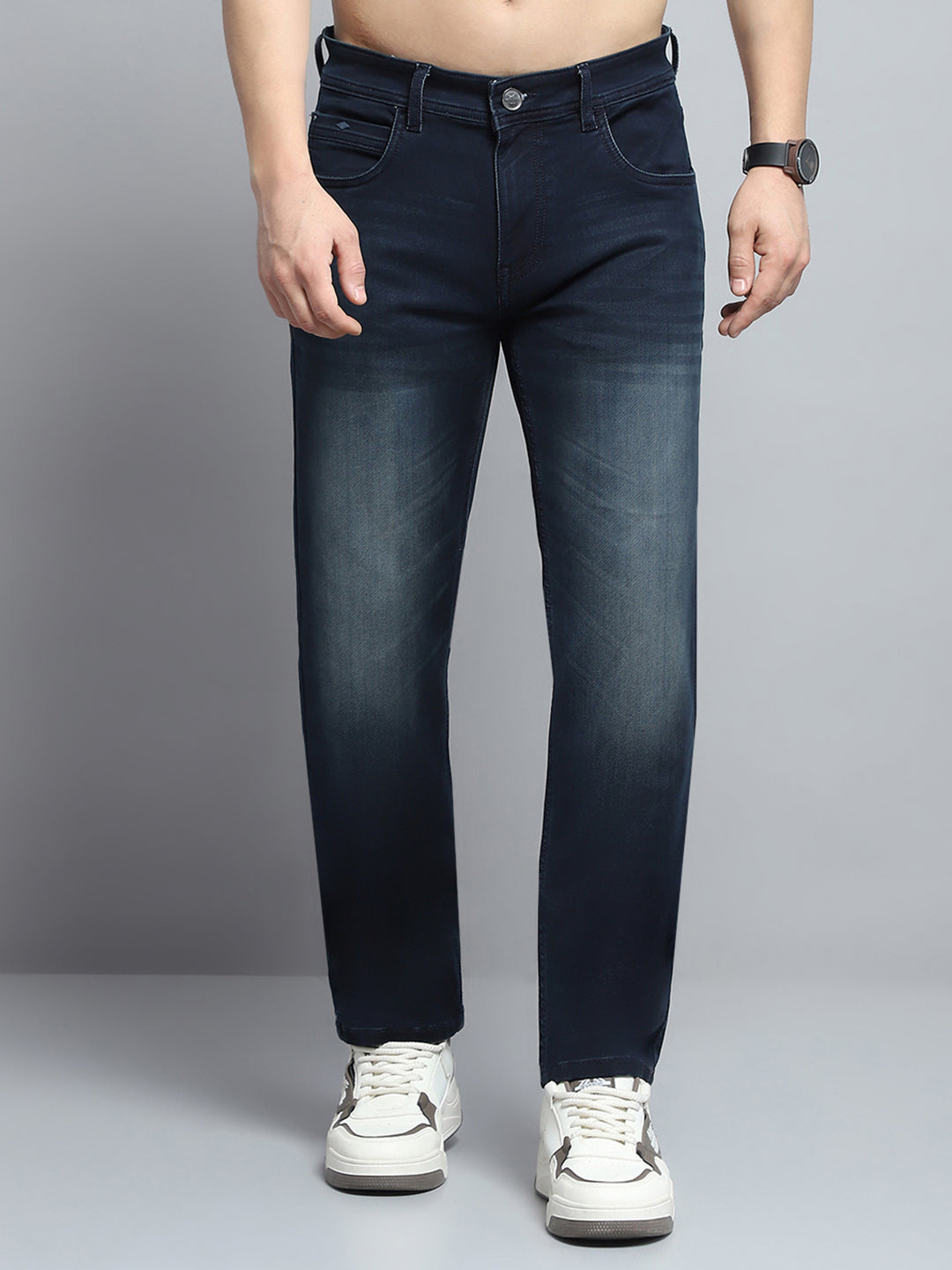 Men Blue Solid Straight Fit Denim