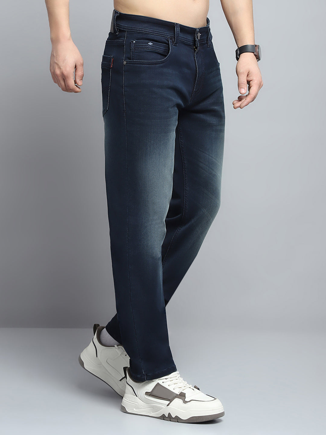 Men Blue Solid Straight Fit Denim