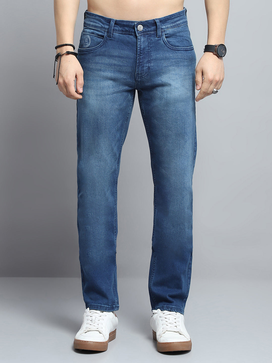 Men Blue Solid Narrow Fit Denim
