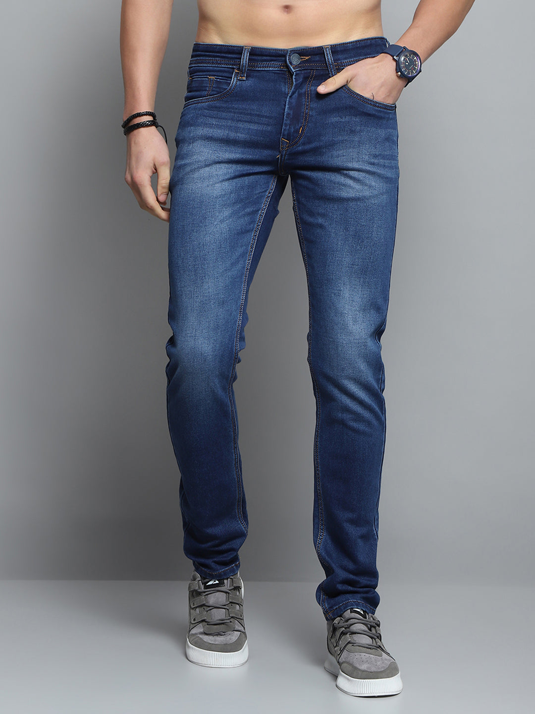 Men Blue Solid Narrow Fit Denim