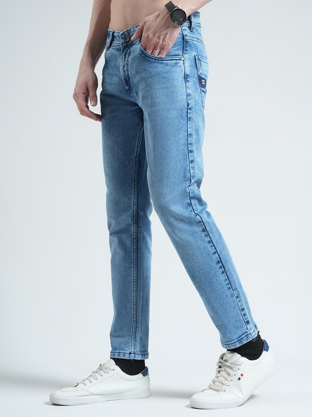 Men Blue Solid Ankle Length Denim