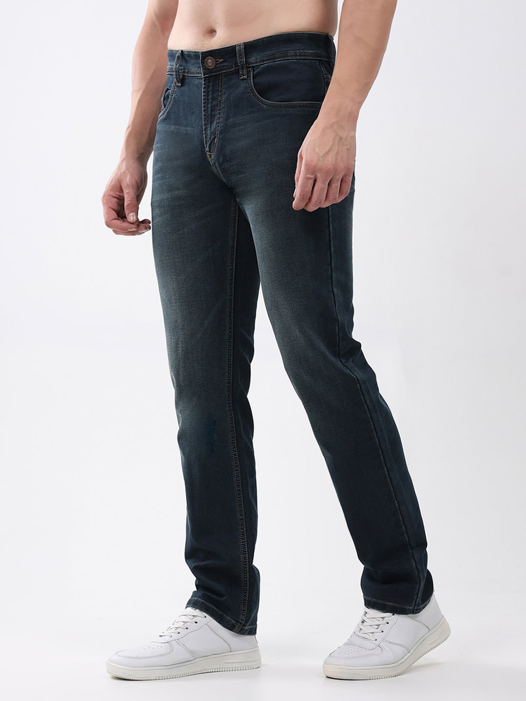 Men Green Solid Straight Fit Denim