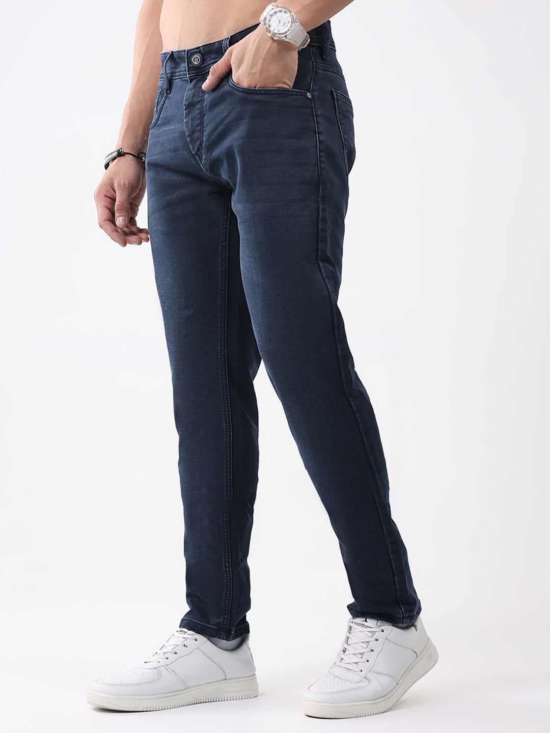 Men Blue Solid Narrow Fit Denim
