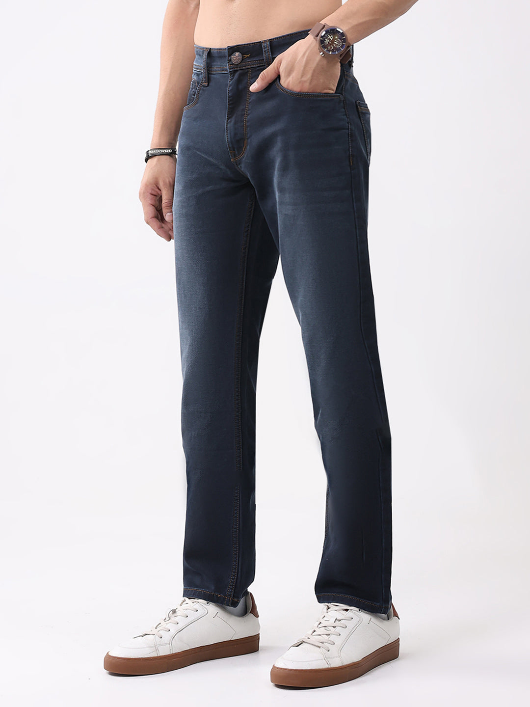 Men Dark Blue Solid Straight Fit Denim