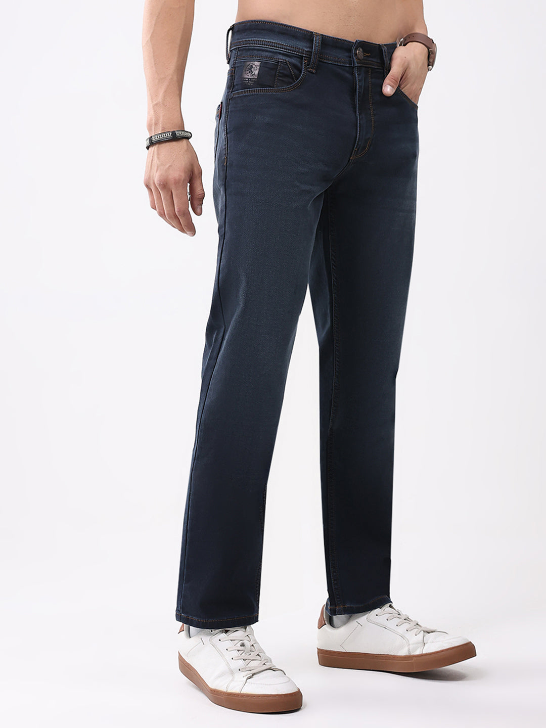 Men Dark Blue Solid Straight Fit Denim